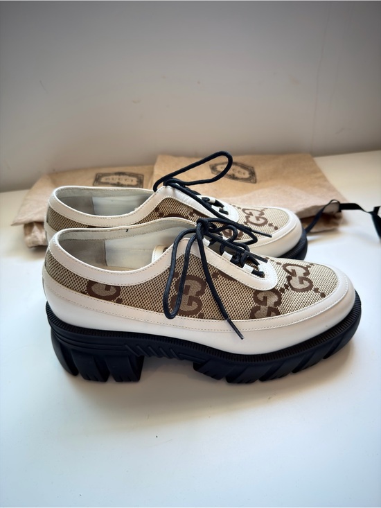 Gucci Shoes - Gucci Cream and Brown Logo Lace-Up Platform Boots